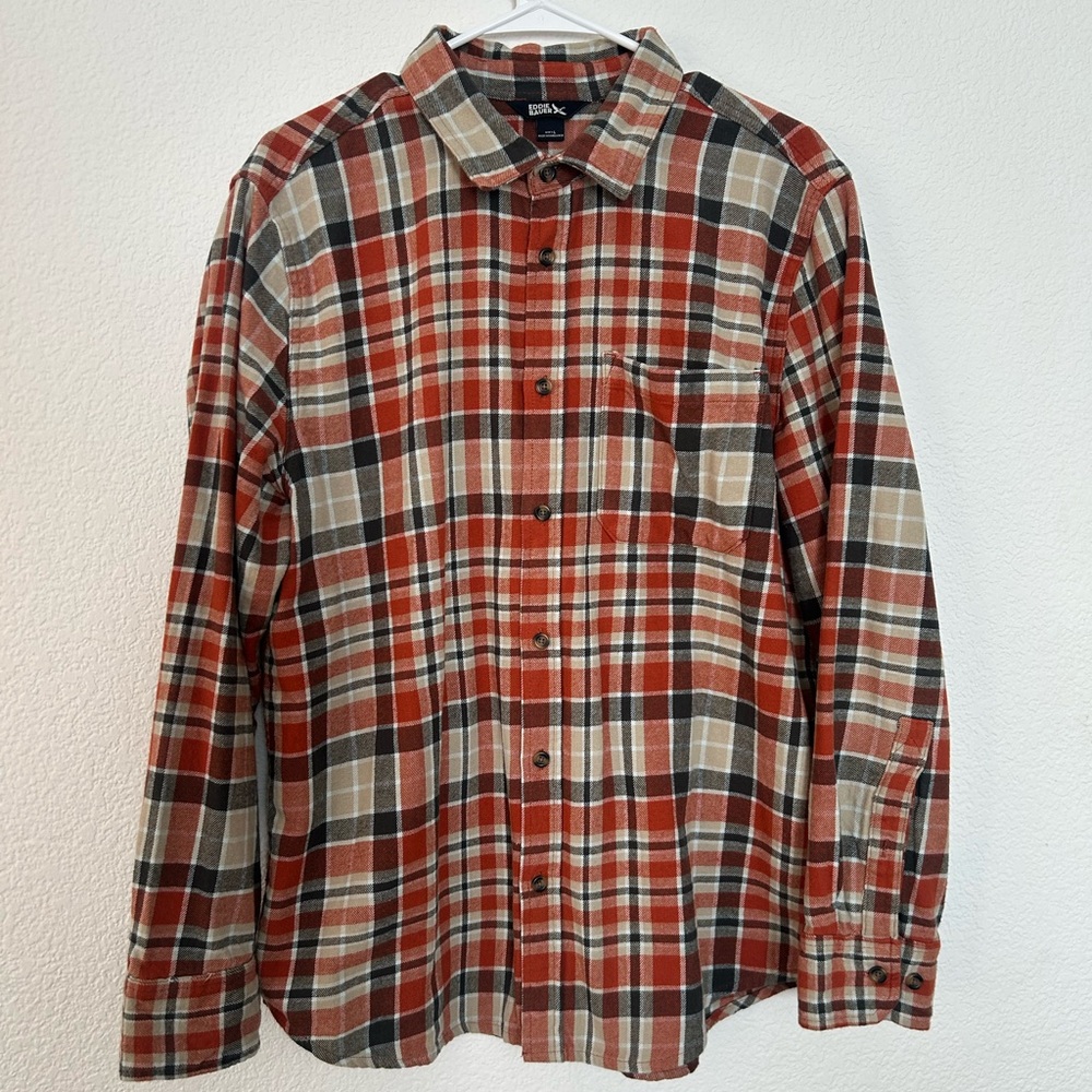 Eddie Bauer Men’s Rust,Tan and NavyPlaid Button-Down Flannel